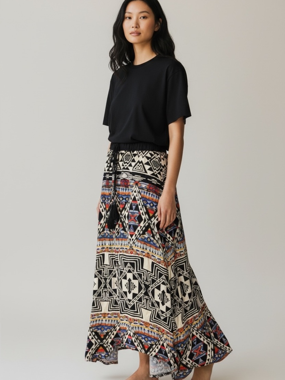 Angie Black & Cream Aztec-Print Maxi Skirt with Colorful Accents Medium